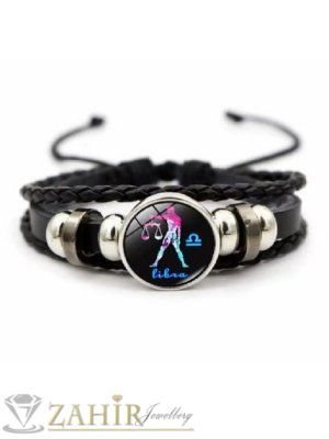 Гривна талисман със ЗОДИЯ ВЕЗНИ с плочка 2 см и черна  ест. кожа, регулируема дължина, метални рингове - ZG1156